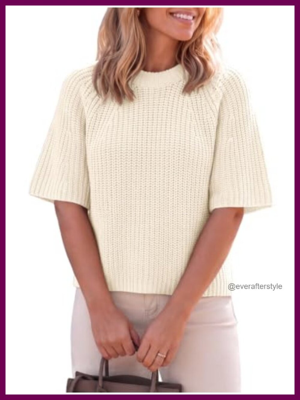 Womens Cropped Knit Pullover Sweater Cotton Acrylic 3/4 Raglan Sleeve Crew Neck